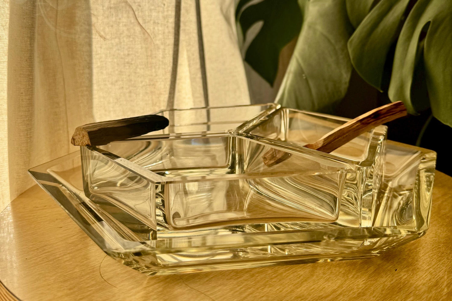 Crystal Glass Hexagon 70’s Ashtray Set