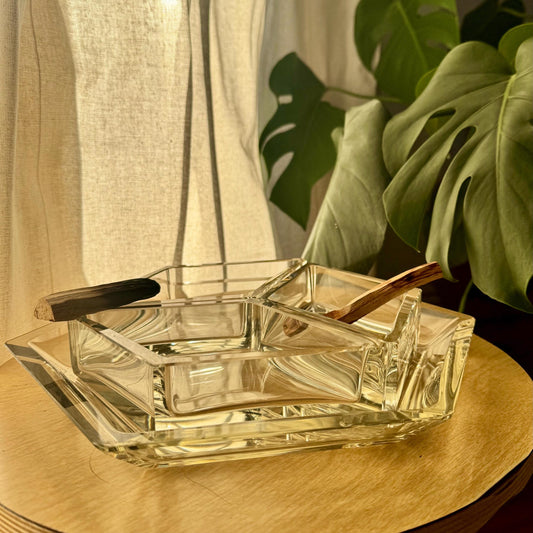 Crystal Glass Hexagon 70’s Ashtray or Candy Dish Set