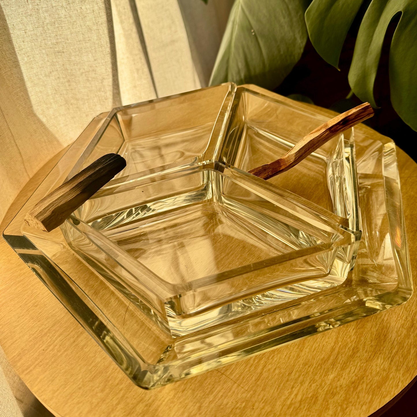 Crystal Glass Hexagon 70’s Ashtray or Candy Dish Set